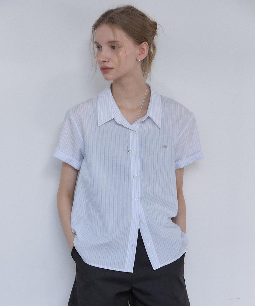 OURHOPE Seersucker Striped Neckline Shirt - Sky Blue