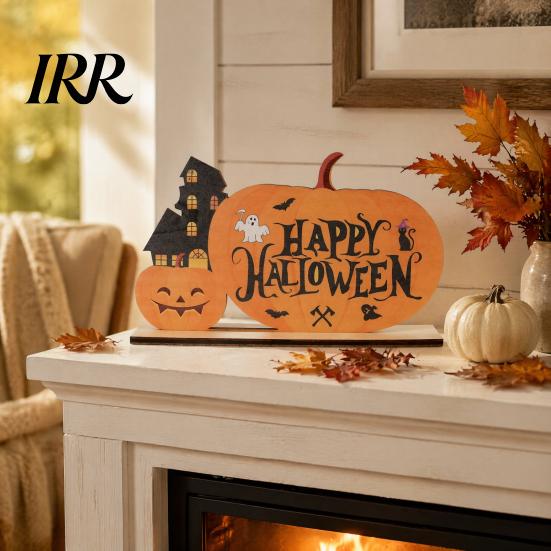 Holiday Window Display Ornament Halloween Wooden Table Sign, Cute Pumpkin Boo Ghost Vibrant Party Prop Tabletop Centerpiece for Indoor Mantel