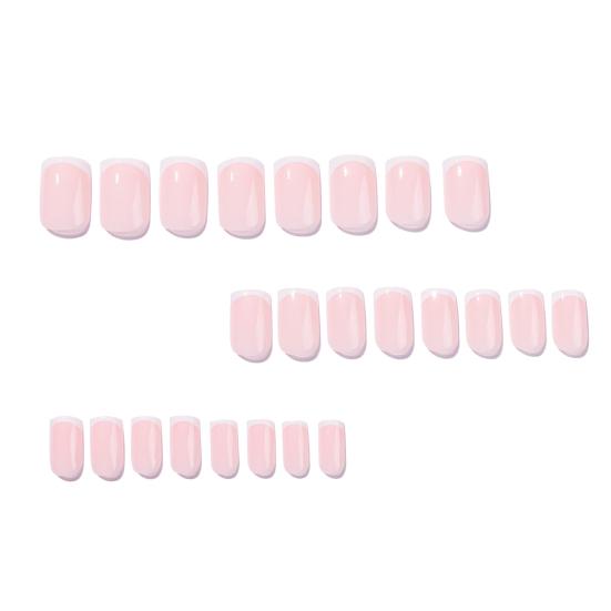 24PCS French Tips Nail Stickers, Full Coverage Square Pink False Nails, White Trim Glossy Press on Nails for Women