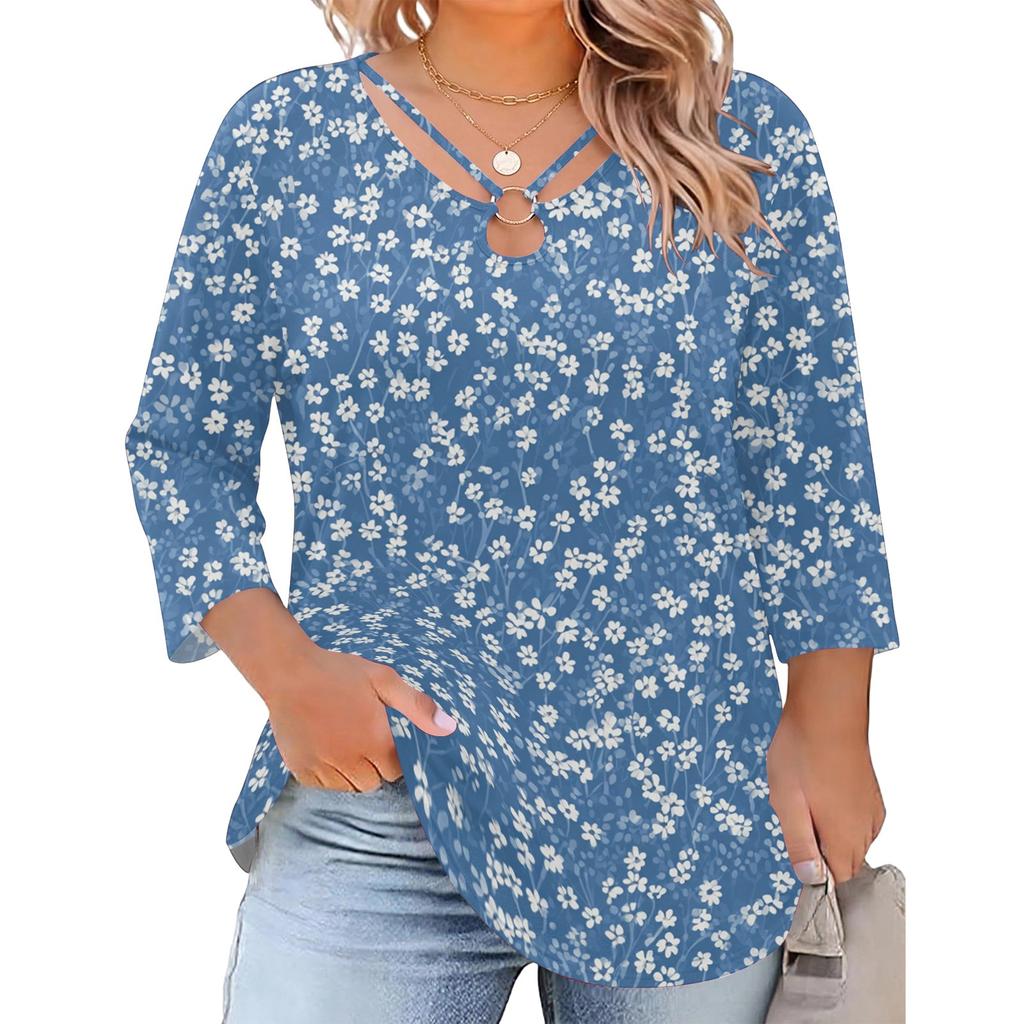 Blusa Floral Feminina Plus Size com Manga Três Quartos, Blusa Casual, Túnica de Corte Amplo para Primavera Verão, Uso Diário, Trabalho e Saídas