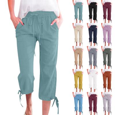 Einfarbige 7-Punkt-Freizeithose aus Baumwolle und Leinen für Damen mit weitem Bein und Kordelzug