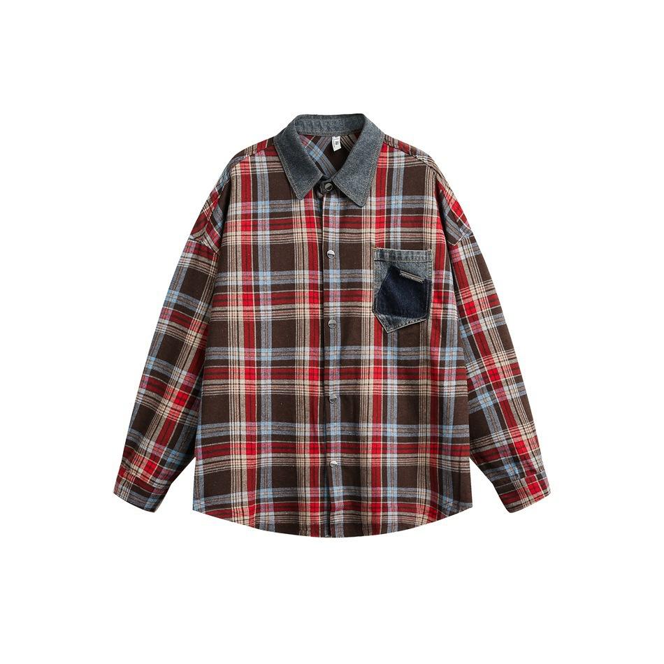 

New Spring Niche Design American Collar Long-sleeved Plaid Shirt for Men and Women, Loose Casual Shirt for Men and Women M