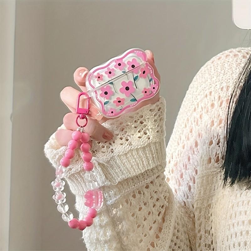 Rosa Blume für Apple Airpods Pro 2 Drahtloser Kopfhörerschutz für Apple Airpods 1 2 3 TPU Transparente Hülle mit Perlenschnur