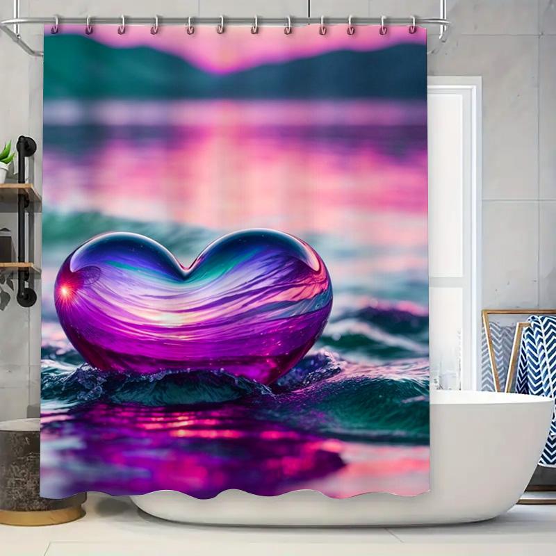 

Colorful Heart Shape Shower Curtain Waterproof Decoration For Bathroom Pink Purple Blue Swirl Waves Print Fabric Home Supplies A W60H190(CM)-1 Pcs