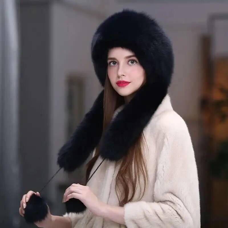 

Женская зимняя шапка-ушанка из лисьего меха, шарф-шапка, теплая шапка с защитой ушей, женская уличная, густая, теплая, меховые шапки, русская мода, пушистая меховая шапка 54-56cm серо голубой