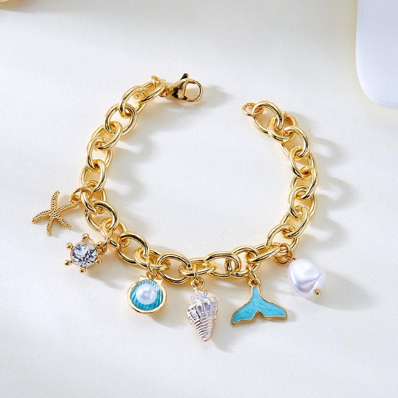 Mermaid Tail Pearl Pendants Ocean Theme Hand Chains Wristband  Summer Beach Sea Shell Starfish Charm Bracelet for Women