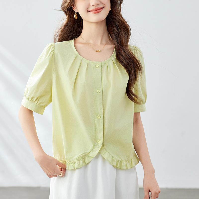 Round-neck White Shirt for Women In Five-quarter Sleeve Summer New Style Wood Ear Design Top Pure Cotton Shirt