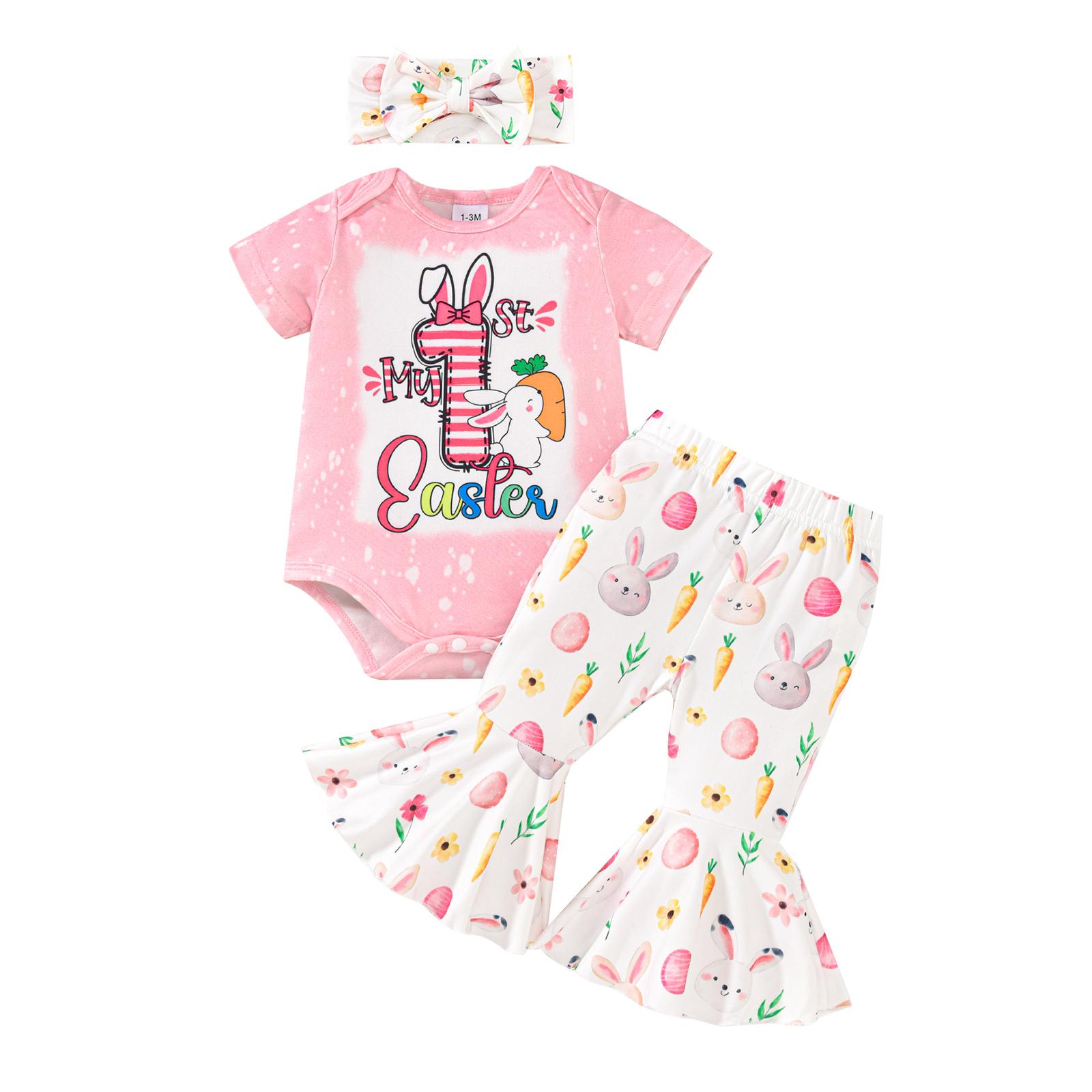 

Наряд для девочки на Пасху, комбинезон с короткими рукавами, расклешенные брюки с принтом яиц, повязка на голову с бантом, комплект из 3 предметов 9-12 Months маджента