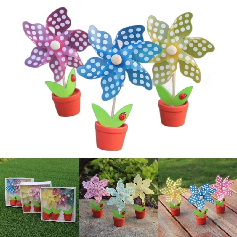 3Pcs Colorful Small Windmills with Flowerpots Ornament Desktops Decorations Cute Pinwheels Garden Lawn Kids Photo Props