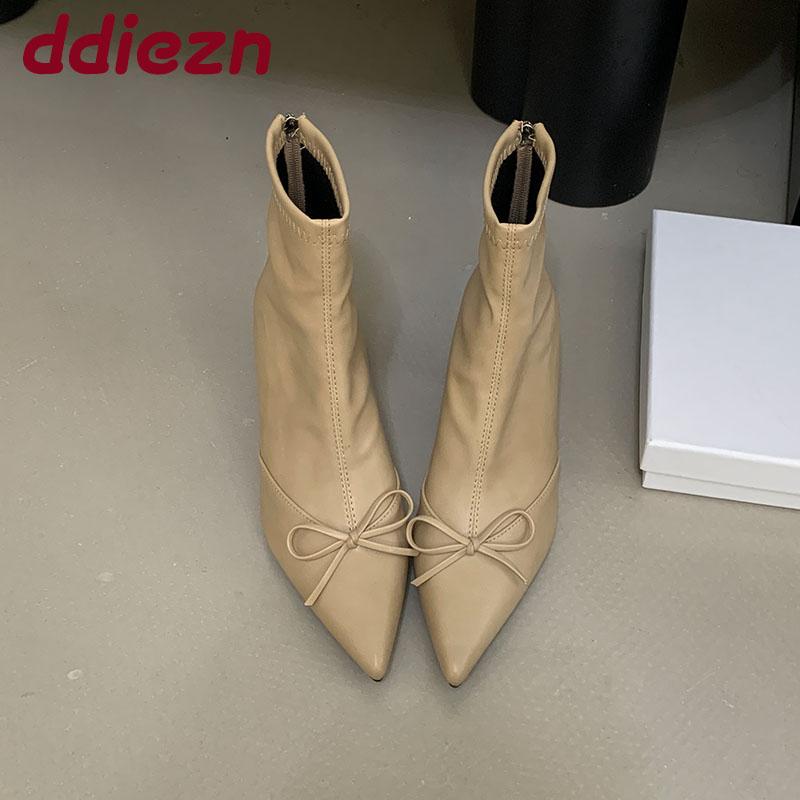 Móda Móda Mašle Moderní Dámské Kotníkové Boty na Podpatku Boty Špičatá Špička Dámské Krátké Boty Zipy Boty Dámské Lodičky