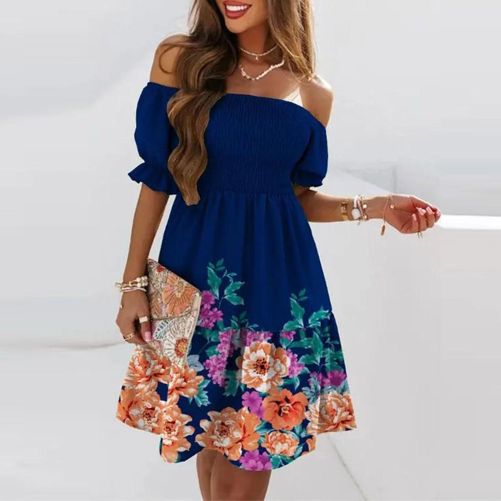 Women's Summer Fashion One Neck Short Gradient Printed Sleeve Mini Dress Ruffle Dress