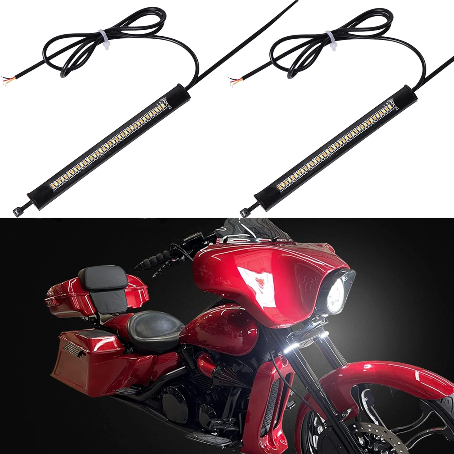 

2PC Flexible White & Amber Motorcycle LED Fork Turn Signal Blinkers DRL Daytime Running Light Waterproof Adjustable Stips Bars kit Universal Fit