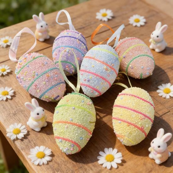 6Pcs Easter Eggs with Hanging String Foam Hanging Ornaments Striped Colorful Decoration for Easter Tree Home Party And Spring Crafts