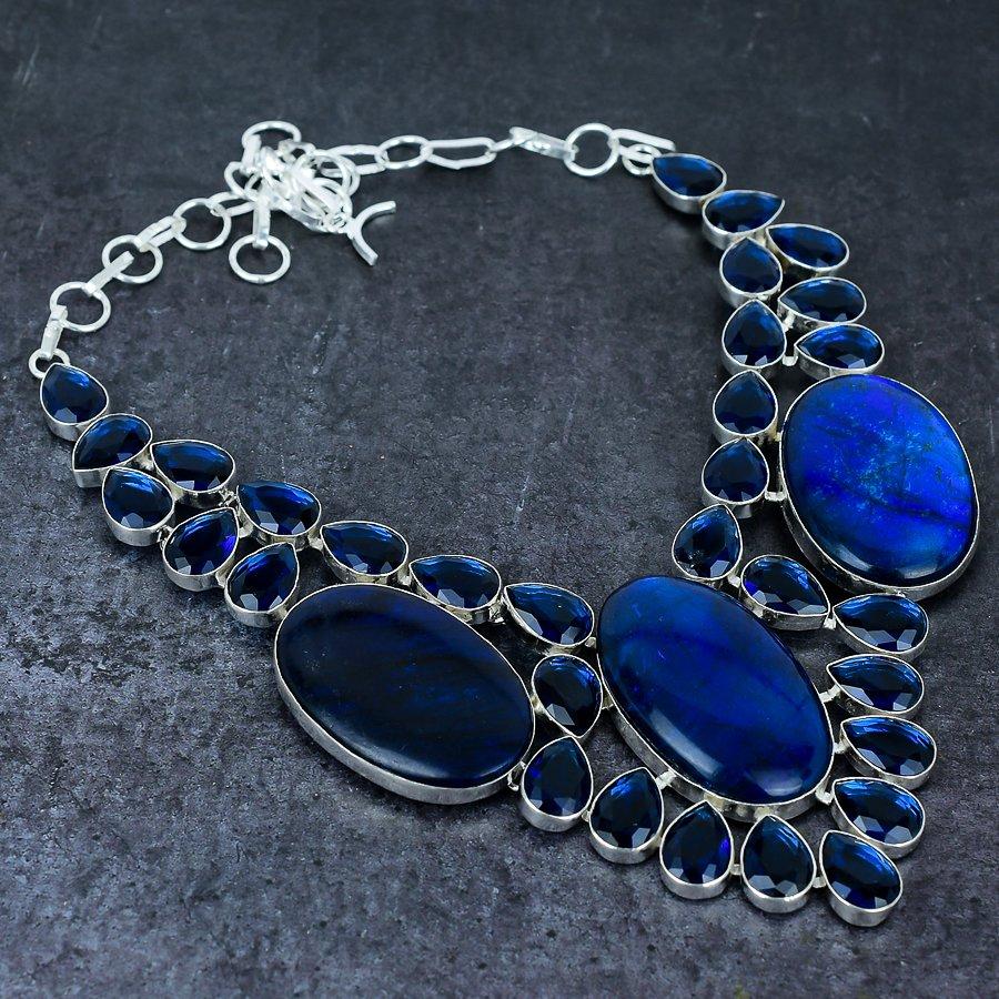 Natürlicher blauer Labradorit, Topas 925 Sterling Silber Schmuck Halskette 18" F1T05