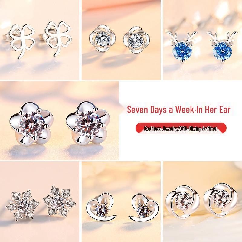 925 Sterling Silver One Week Stud Earrings Set - Versatile Four-Leaf Clover Design, Perfect High-End Birthday or Christmas Gift for Girls.