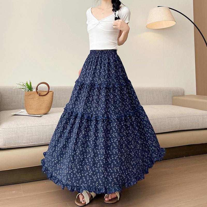 

Женская весенне-летняя новая корейская ретро бежевая цветочная юбка А-силуэта с высокой талией в повседневном ленивом стиле, длинная юбка XL
