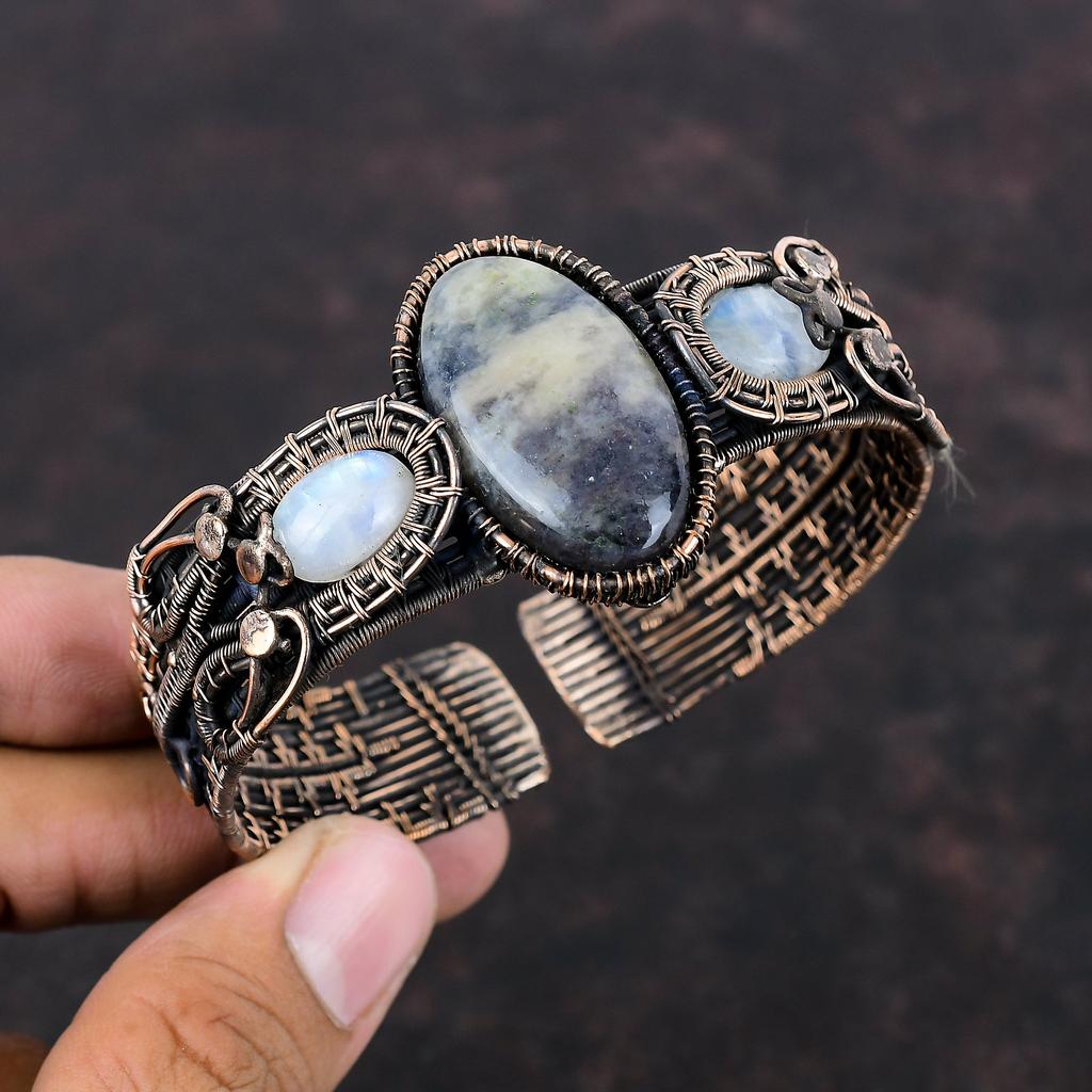 Iolite Sunstone Bangle Copper Wire Wrapped Cuff Bracelet Moonstone Bangle Adjustable Cuff Bracelet Handmade Bangle Gemstone Copper Jewelry