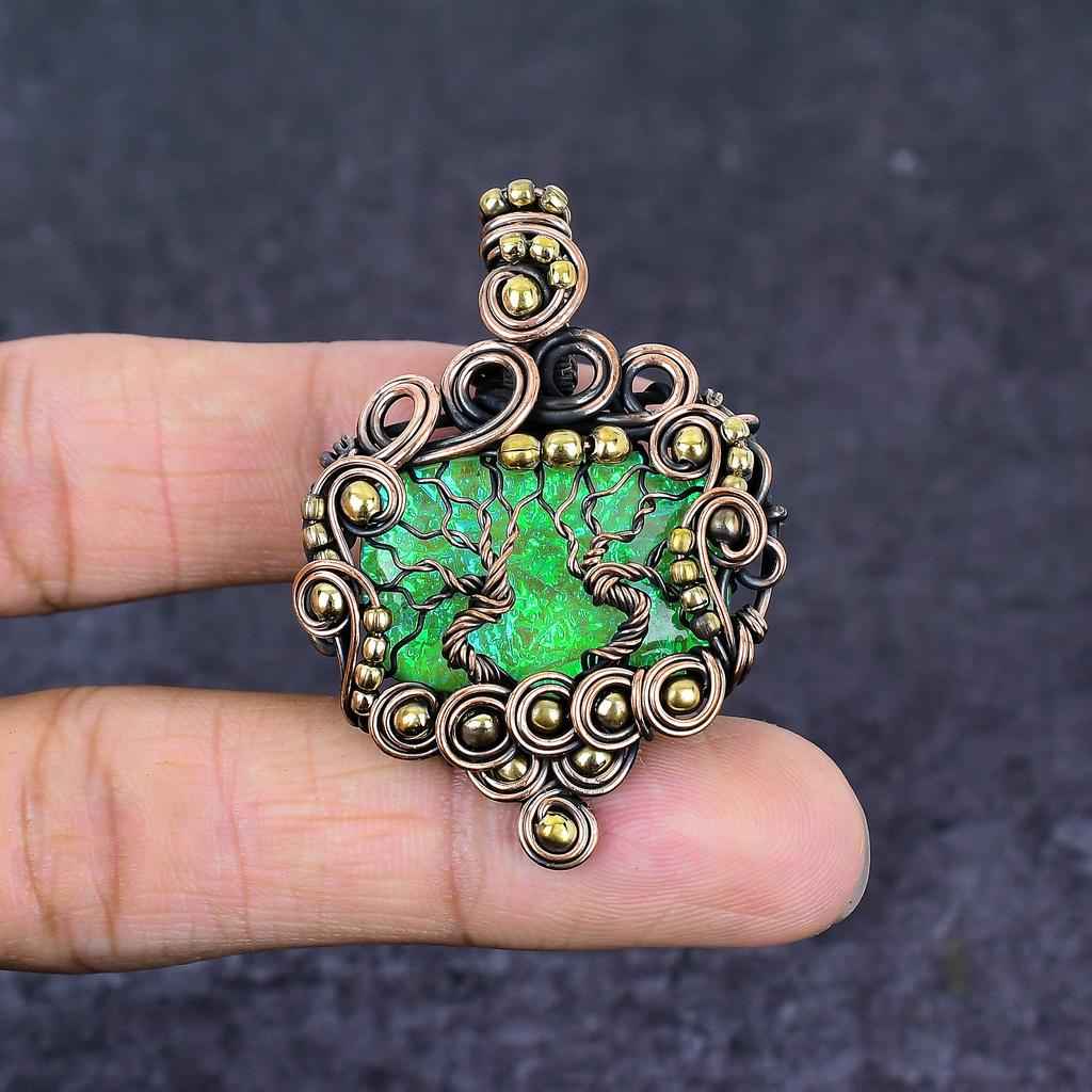 Grüner Triplet Opal Edelstein Kupferdraht Wickel Schmuck Anhänger 1,97"