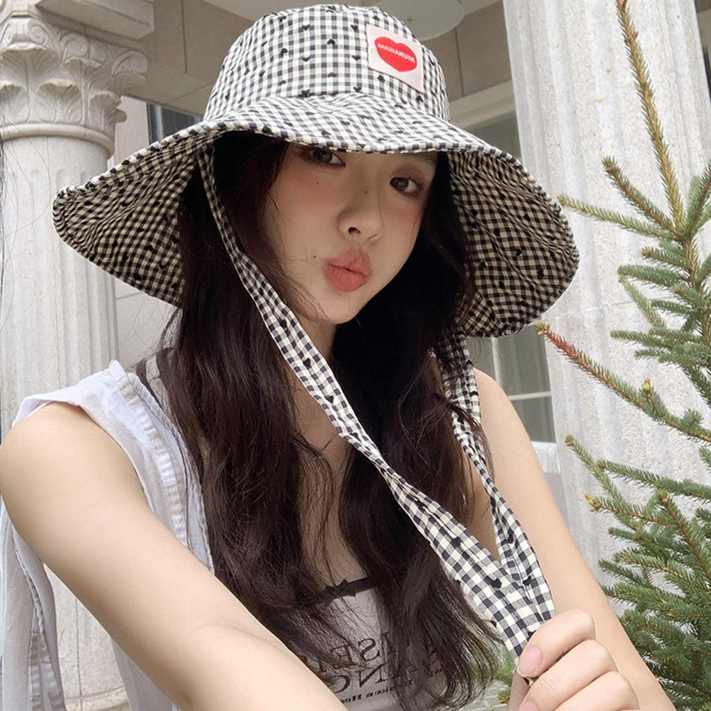 Fashion Plaid Fisherman Hat for Women Black Heart Summer Wide Brim Sunshade Dome Basin Cap Korean Ladies Travel Lacing Hat