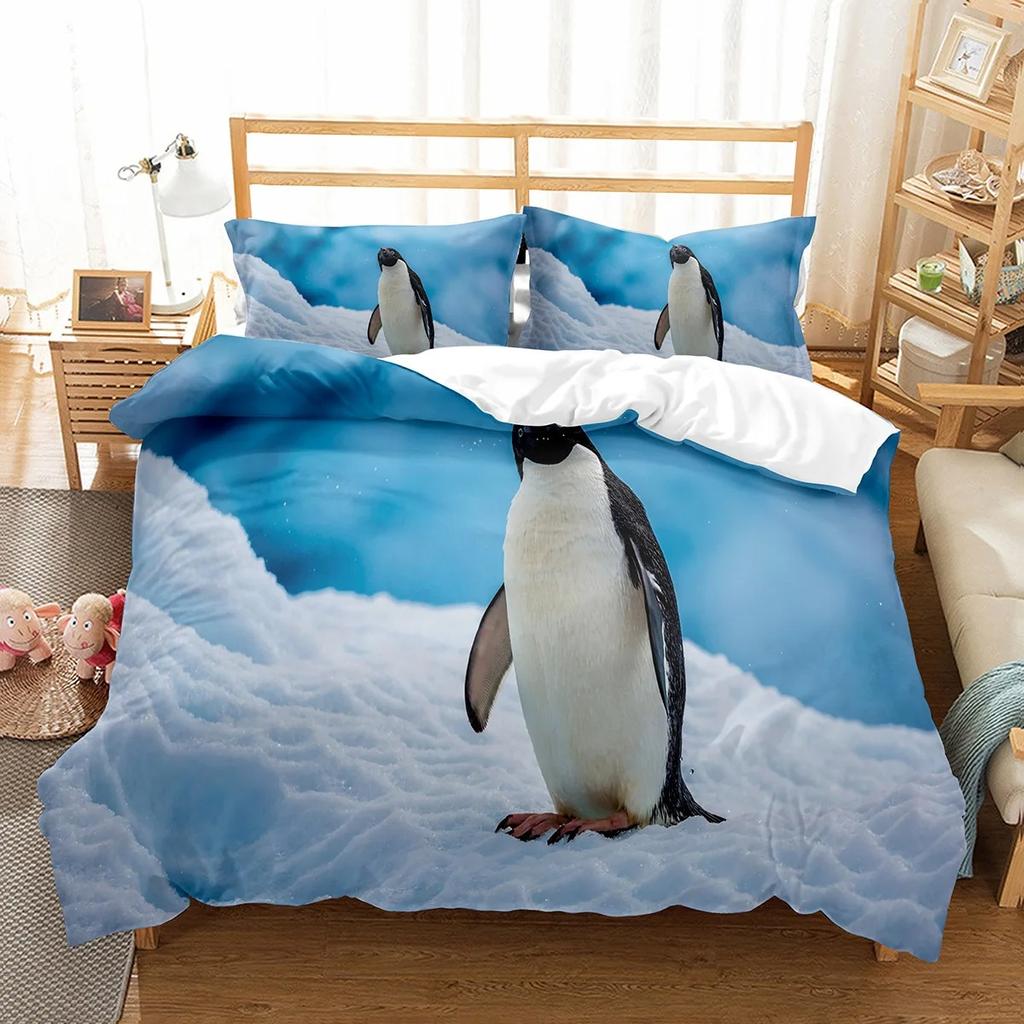 Cute Penguin Pattern Duvet Cover Set Cute Kawaii Animals For Boys Girls Bedroom Decor Polyester Comforter Cover King Queen Size
