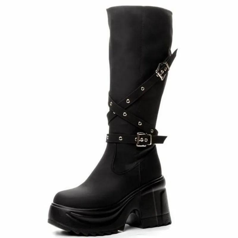 Mode Damen Kniehohe Stiefel Mikrofaserleder Sexy Hohe Absätze Lange Stiefel Damen Reißverschluss Gürtelschnalle Damenschuhe Mode Tide