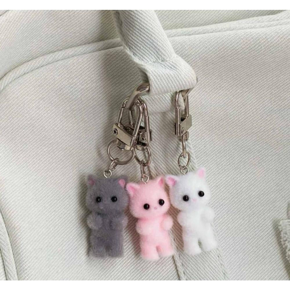 Cute 3D Flocking Kitten Keychain Simulation Animal Hobby Cartoon Doll Girl Keyring Car Bag Purse Phones Pendant Key Ring Gift