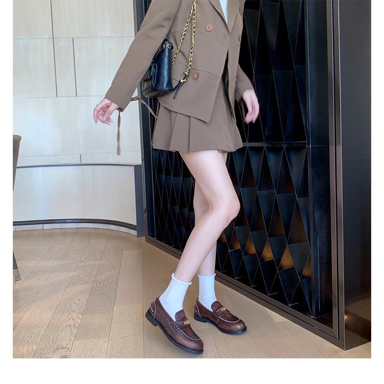 Sheepskin Version Retro Polished Leather Loafers Women's Thick Heel Small Gold Coins British One-pedal Lazy Flat-bottomed Small Leather Shoes