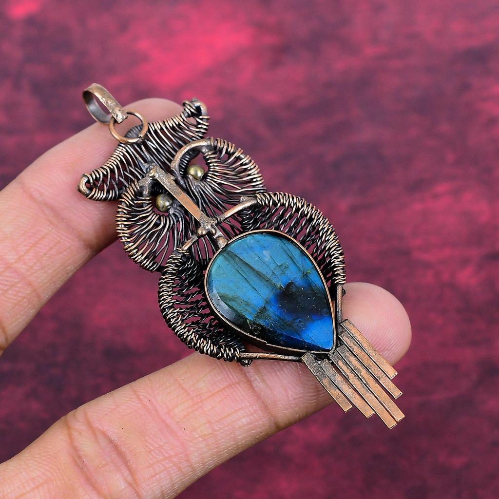 Labradorite Pendant Copper Wire Wrapped Jewelry Owl Pendant Gemstone Jewelry