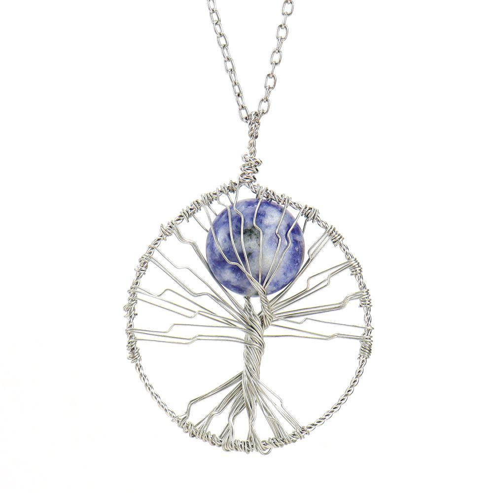 Hand-Wrapped Natural Crystal Agate Disc Tree Of Life Pendant Necklace N116