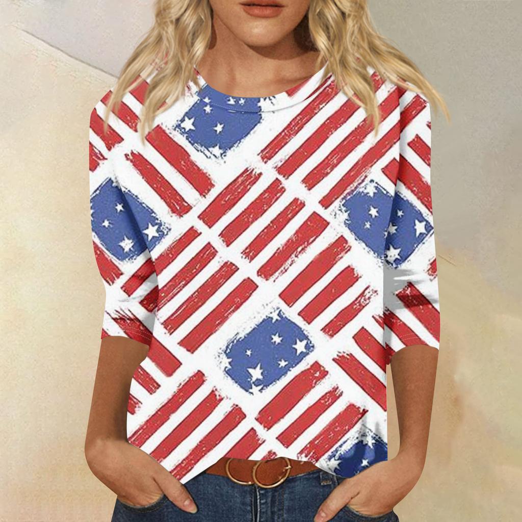 Women's Fashion Casual Seven-Sleeve Independence Day Print Round Neck Top
