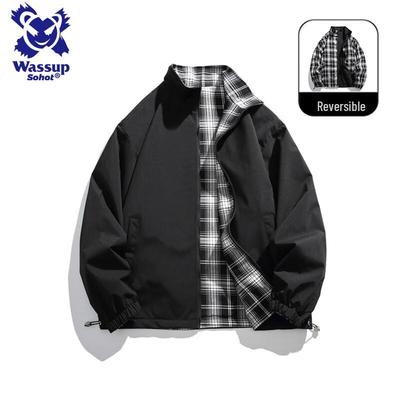 Wassup Sohot Men's Plaid Stand Collar Baseball Jacket