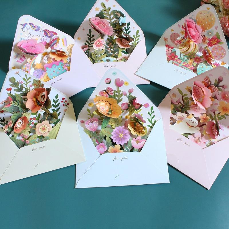 New Romantic Flower Birthday Christmas Card 3D Pop-up Greeting Cards Set Postcard Party Wedding Decor Creative Gifts Cards
