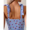 Blue Strawberry Plaid Print Swimwear Women Tie Strap V Neck Tummy Control One Piece Swimsuit Beach Bathing Suits