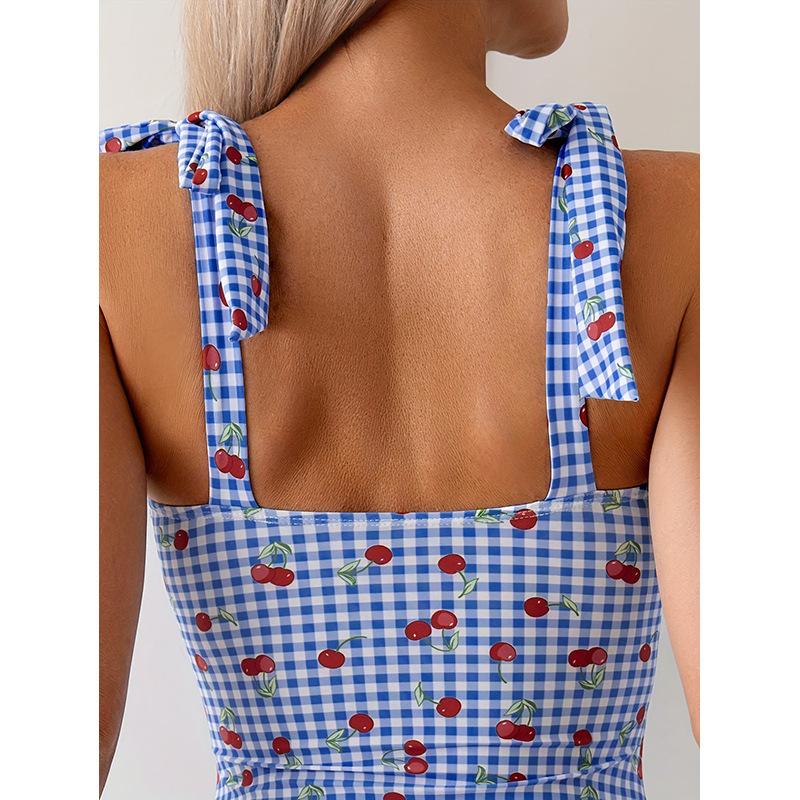 Blue Strawberry Plaid Print Swimwear Women Tie Strap V Neck Tummy Control One Piece Swimsuit Beach Bathing Suits