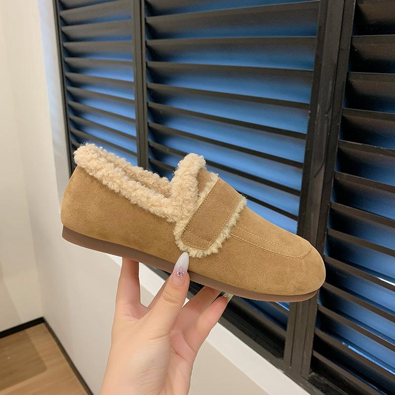 Retro Doudou shoes women's 2025 winter new fleece thickened casual soft-soled fluffy shoes one-pedal flat cotton shoes