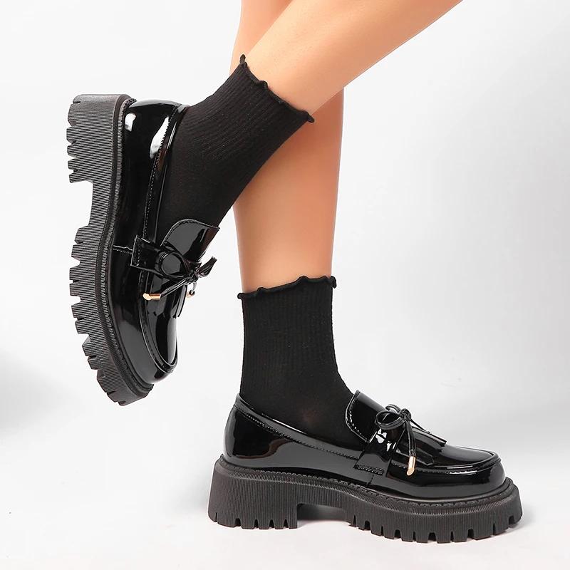 Fashion Women's Shoes Black Bow Knot Pumps for Woman New Style Rounded Toe Platform Pumps Women Loafers Fashion Leather Shoes Sneakers