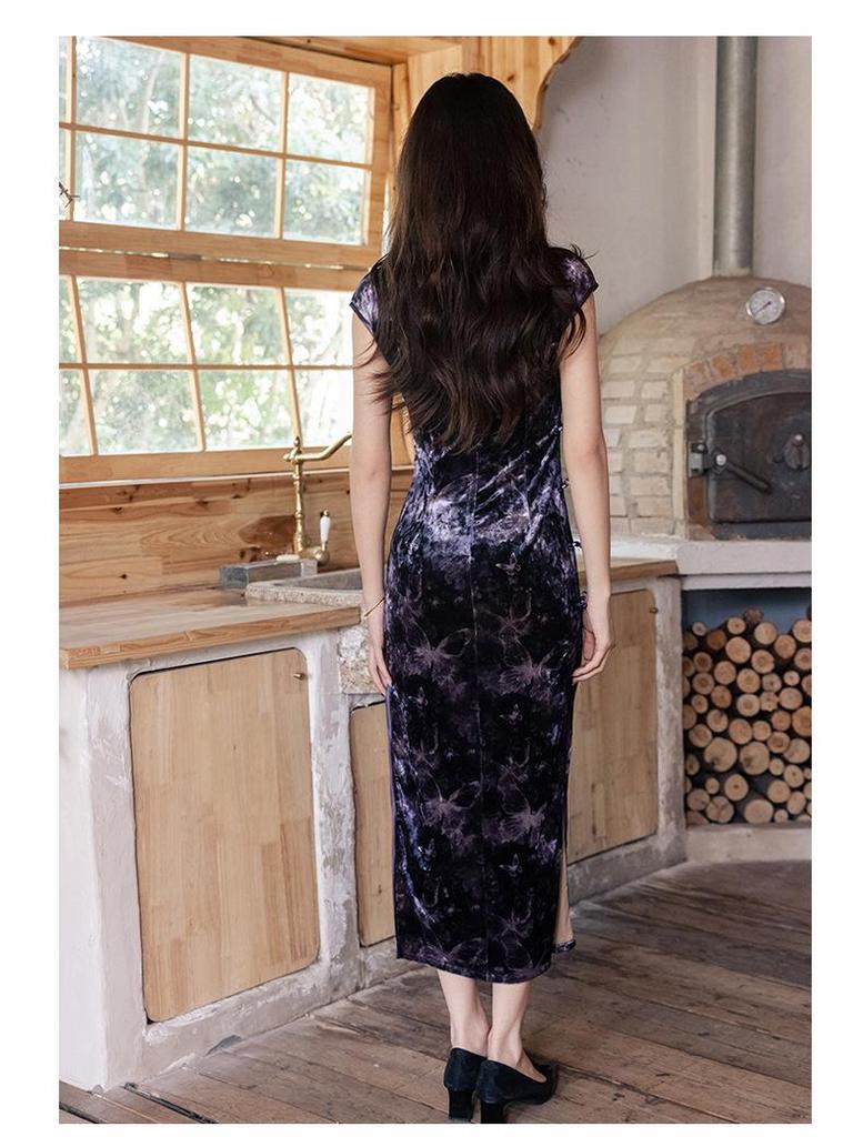 Qipao de Terciopelo sin Mangas: Vestido de Noche de Estilo Chino Moderno para Mujer