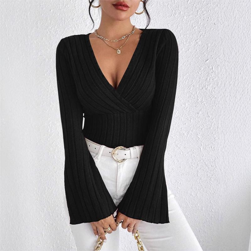 Women's Fall and Winter Long-sleeved Tops, V-neck Sexy Slim Striped Women's Tops, Long-sleeved T-shirt Knitted Bottoming Shirt