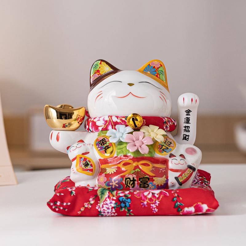 7 Zoll Keramik Glückskatze Ornament Blume Glückskatze Maneki Neko Statue Winkende Hand Winkende Katze Figur Mittelpunkt