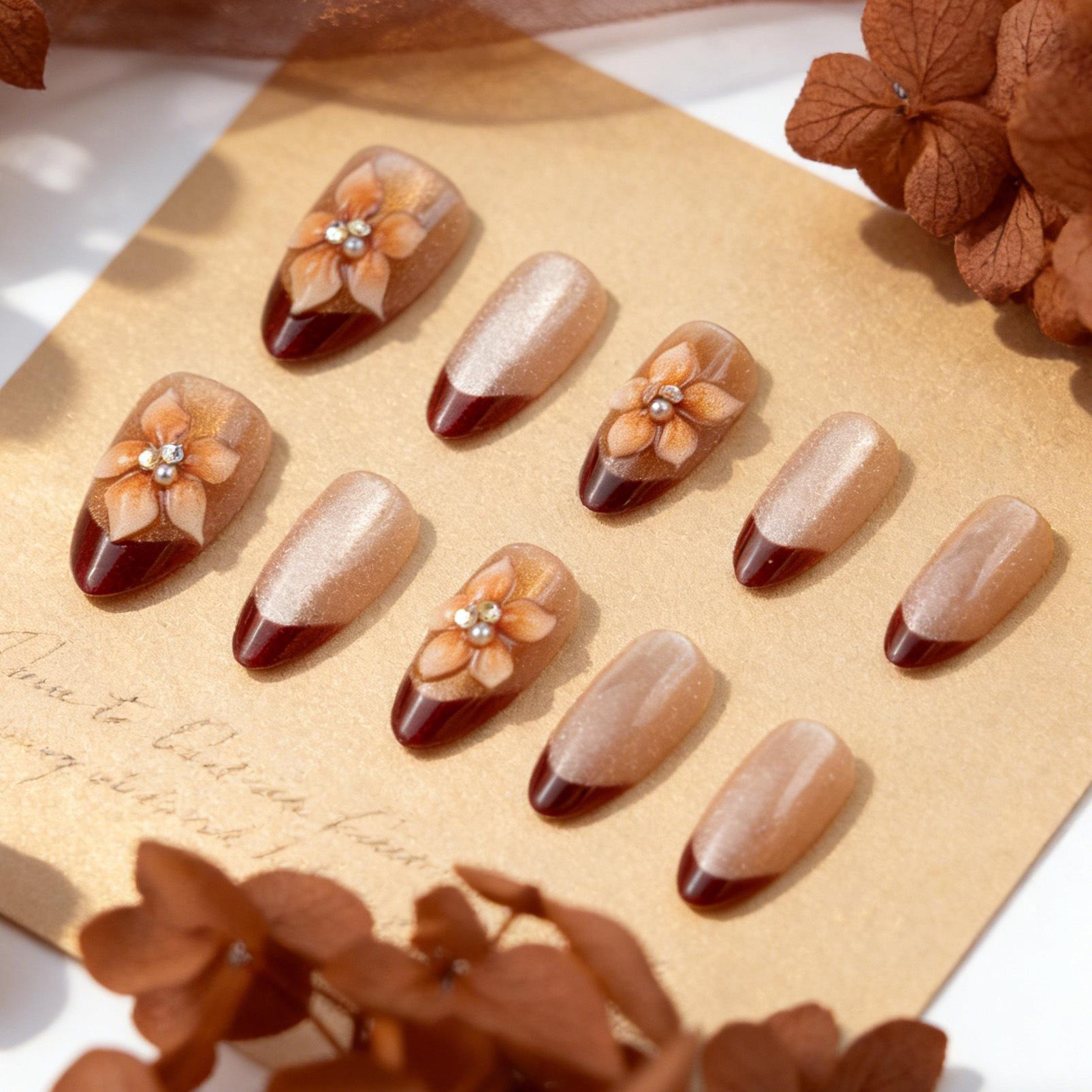 

Elegant Almond Wearable Nails: 30-Piece French Style Brown Set with 3D Rhinestone Design Pre-made Set (3 pairs with rhinestones)