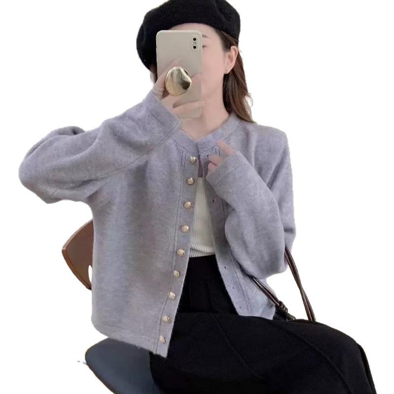 Early autumn new round neck knitted cardigan with top women's short versatile solid color soft waxy long-sleeved sweater jacket women