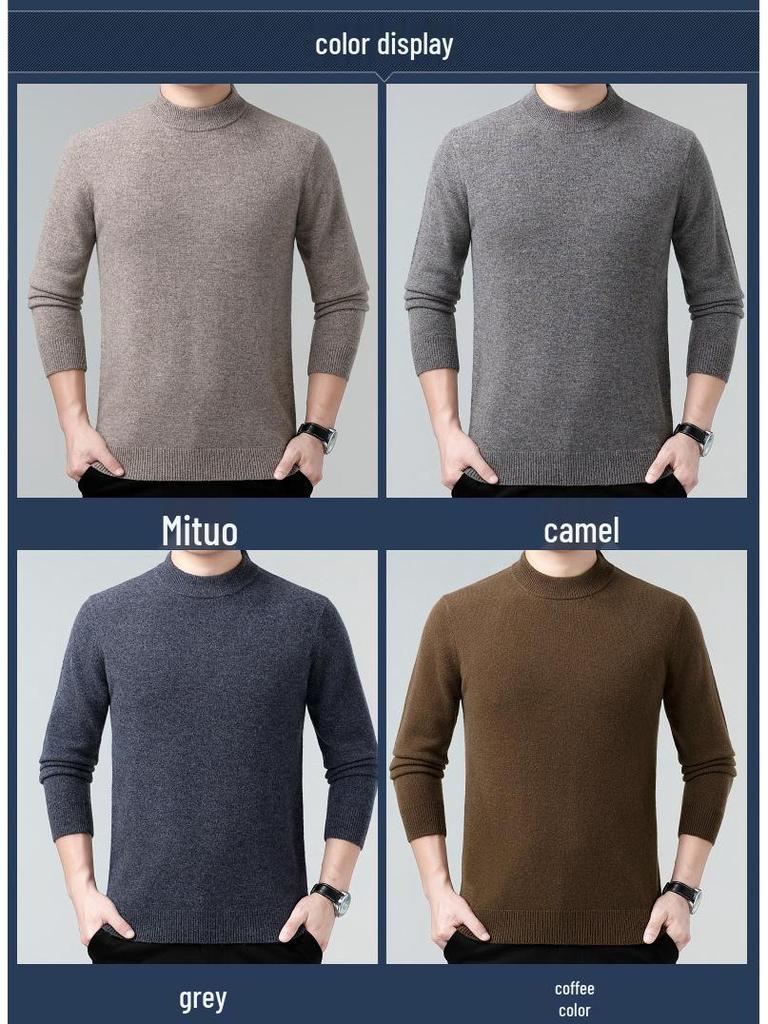 Men's 100% Wool Sweater, 2025 Autumn/Winter, Thickened Warm Half-High Collar, Middle-Aged Dad Knitwear