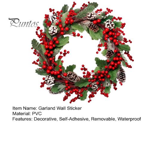 Holiday Home Beautification Christmas Wreath Wall Stickers, Red Berries And Pine Cones Garland Decals, Seasonal Window Filmes Waterproof PVC