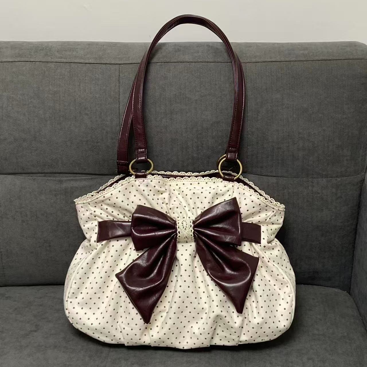 

Retro Sweet Cute Bow Tote Bag Women Lace Polka Dot Large Capacity Pleated Underarm Bag Ladies Harajuku Aesthetics Shoulder Bags 34x27x10cm білий