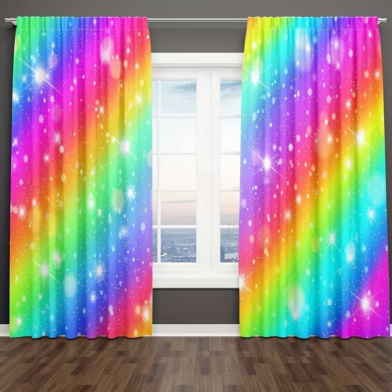 Rainbow Sparkling Curtain Living Room Window Decor Polyester Home Set Of 2 Made With Rod Pocket Washable Area Ready