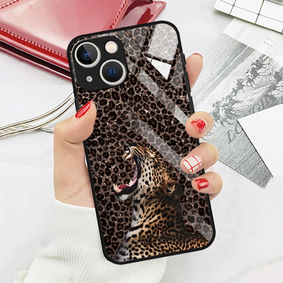 Glass Phone Cover Case for iPhone 17 Pro Max 8 15 Plus 11 Air 14 16 12 XR 13 Leopard Print Leopard