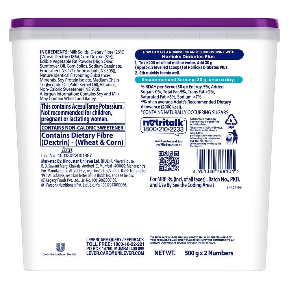 Horlicks Diabetes Plus High Fibre Vanilla Nutritional Powder 1000 G Container For Adults Managing Blood Sugar
