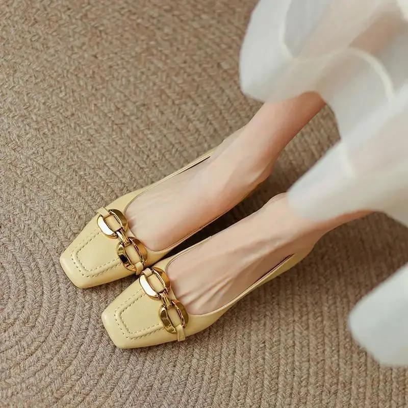 Low Heel Elegant Ladies Footwear Moccasins Metal Decoration Normal Leather Casual Office Beige Women's Shoes Square Toe On Offer