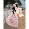 American Retro Floral Pleated Midi Skirt - Women's Spring/Summer 2025 Collection, Pink, Versatile, Casual, High-Quality.
