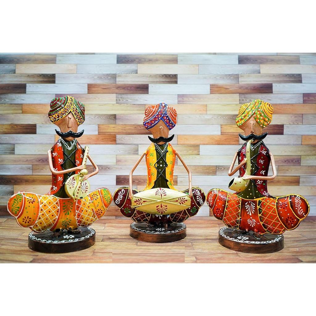 Crafts Metal Rajasthani Musicians Item Showpiece - Decorative Items for Home | Showpieces | Table Decorative Items (17X10X24 Cm), Multi Colour